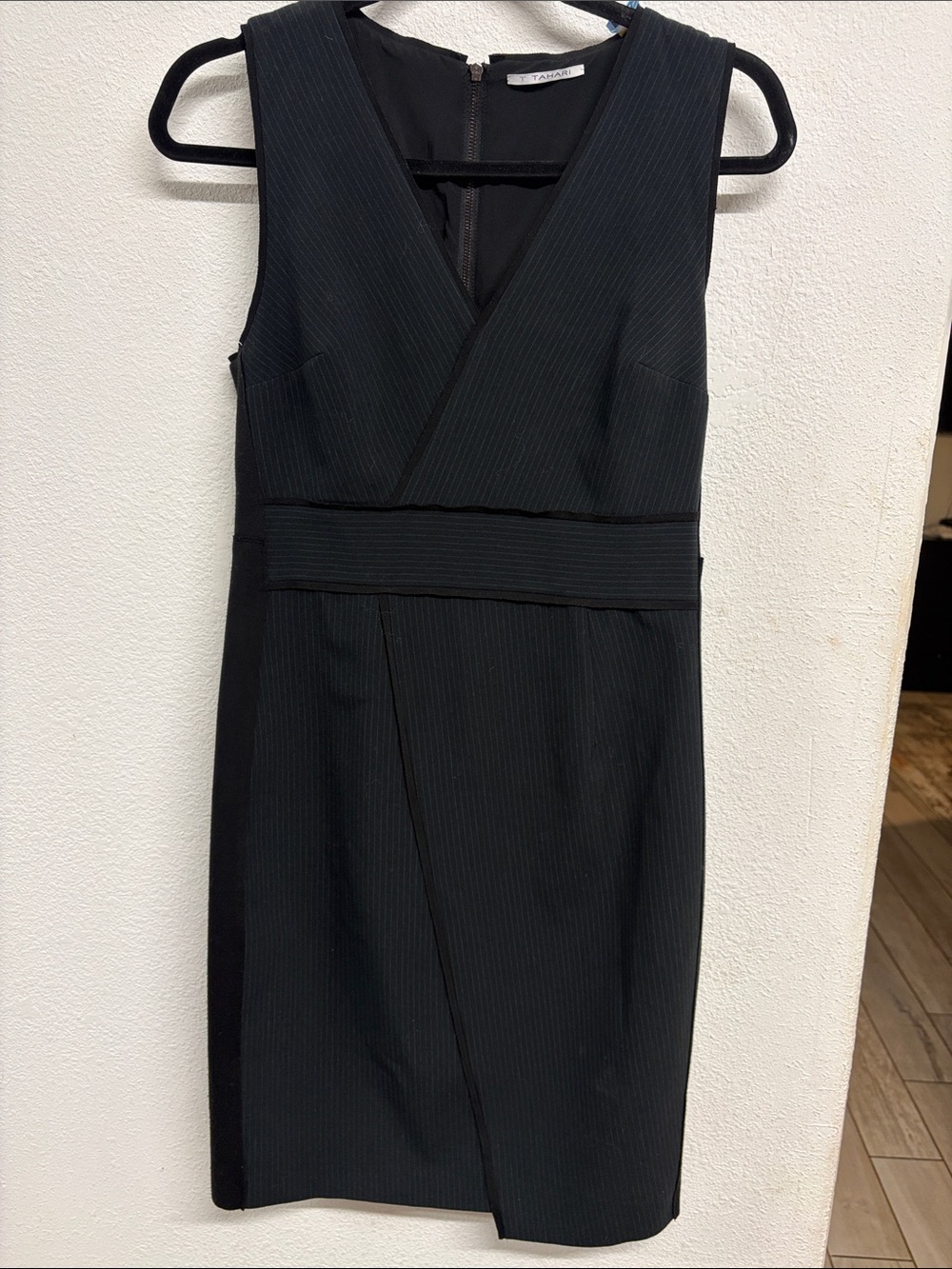 Tahari Black Pinstripe V-Neck Midi Sheath Dress